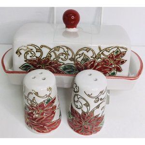Butter Dish & Salt Pepper Shakers Poinsettia Etched Xmas Stoneware New